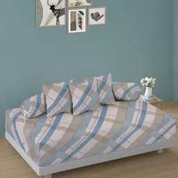 Aura Set Of 6 Brown & Blue Printed Stripes TC Cotton Diwan Set-image-32