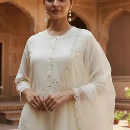 NAVYAAZRI Women Embroidered Regular Thread Work Chanderi Cotton Kurta with Trousers & With Dupatta image 5