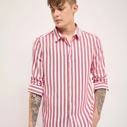 THE BEAR HOUSE Men Spread Collar Vertical Striped Cotton Slim Fit Casual Shirt-picture-30