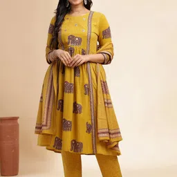 Vbuyz Ethnic Motifs Printed Pleated Pure Cotton A-Line Kurta With Trouser And Dupatta-picture-41