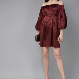 MISH Off-Shoulder Puff Sleeve Satin A-Line Dress-picture-35