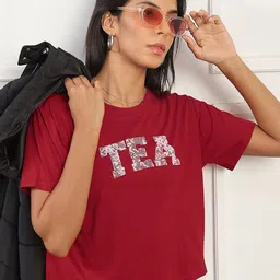 Globus Women Typography Printed Round Neck Pure Cotton Boxy T-shirt-image-46
