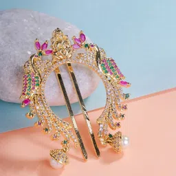 Opal Touch Gold-Plated American Diamond Studded Bun Pin Head Jewellery-picture-18