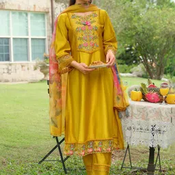 Indo Era Floral Embroidered Thread Work Tieup Neck A-Line Kurta With Trousers & Dupatta image 2