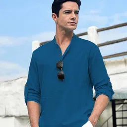 APEKTRA Mandarin Collar Roll-Up Sleeves Straight Short Kurta-picture-30