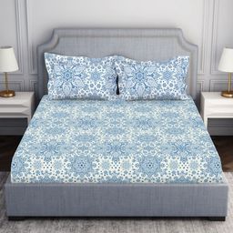 SPACES ornamenta Blue Ethnic Motifs 100% Cotton 144 TC Queen Bedsheet with 2 Pillow Covers-picture-13