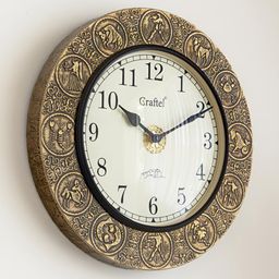 CRAFTEL Gold-Toned Textured Analogue Wood Round Contemporary Zodiac Rashi Wall Clock-picture-14