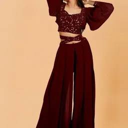 PARROT CREATION Floral Embroidered Sweetheart Neck Crop Top With Palazzo-picture-34