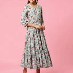 Shree Floral Printed Round Neck Tiered Fit & Flare Midi Dress image 4