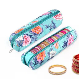 Aura Green & Pink 2 Pieces Printed Cotton Single Rod Bangle Organiser Zip Closure-image-50