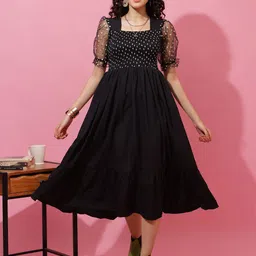Honky Tonky Women Floral Printed Puff Sleeve Smocked Tiered Fit & Flare Midi Dress-image-11