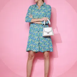 De La Moda Floral Print Crepe Shirt Midi Dress-image-34
