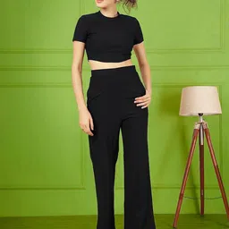 Moda Rapido Womens Black Polyester Solid Round Neck Top And Trousers Co-ords image 4