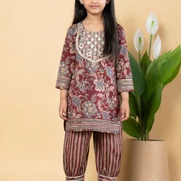 Readiprint Fashions Girls Floral Printed Regular Thread Work Pure Cotton Kurti with Salwar image 1