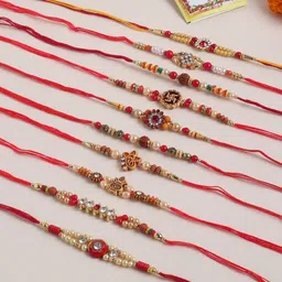 Sangria Set Of 10 Artificial Stones Studded & Beaded Thread Rakhis With Roli Chawal-picture-15