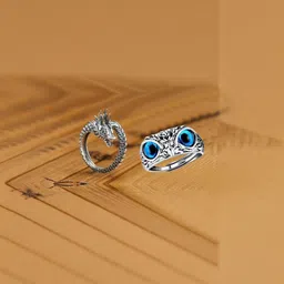 Teeragaj Set of 2 Silver-Toned Owl & Dragon Shaped Adjustable Finger Ring-picture-34