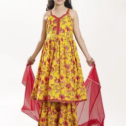Bitiya by Bhama Girls Floral Printed Shoulder Straps Cotton Kurta with Sharara & Dupatta-picture-51
