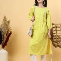 JAPER KURTI Striped Round Neck Empire Thread Work Pure Cotton Straight Kurta-image-34