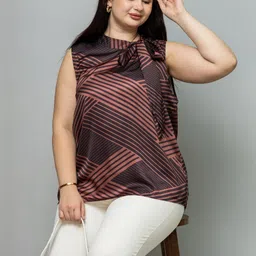 PURYS PLUS Women Plus Size Striped Tie-Up Neck Satin A-Line Top image 3
