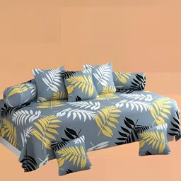 WELLNEST Set Of 8 Grey & Yellow Leaf Printed Diwan Set-picture-11