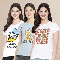 Metronaut Women Pack Of 3 Typography Printed Round Neck Cotton Donald Duck T-shirts-image-17