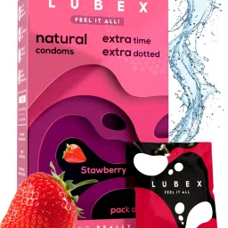 Lubex 6 in 1 Long Lasting Condoms, Extra Dotted with Condom Disposable Bags - Extra Ribbed for Girls & Extra Time for Men - Strawberry Flavour - Combo Pack of 12 Condoms-picture-18
