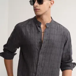 HIGHLANDER Men Band Collar Textured Cotton Casual Shirt-picture-19