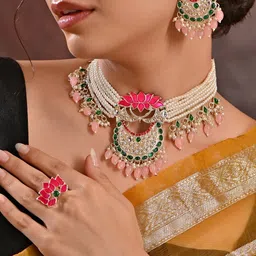 Fida Gold-Plated Stones Studded & Pearl Beaded Jewellery Set image 3