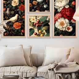 Kotart Red & Brown 4 Pieces Floral And Botanical Printed Wooden Portrait Wall Arts-picture-1