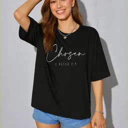 Calm Down Women Black Solid Casual Round Neck Cotton Printed T-shirt-picture-13