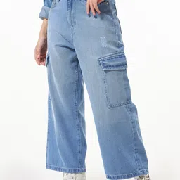 Bewakoof Women Straight Fit High-Rise Low Distressed Light Fade Cotton Cargo Jeans image 1