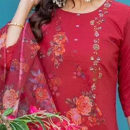 HERE&NOW Women Embroidered Regular Pure Silk Kurta with Trousers & Dupatta image 2