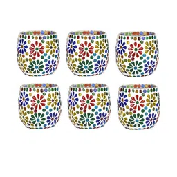 SOMIL White & Multi-Coloured Set Of 6 Floral Printed Glass Candle Holders-image-59