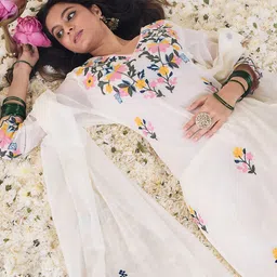 Indo Era Floral Embroidered V-Neck Thread Work Pure Cotton Kurta & Trousers With Dupatta-picture-37