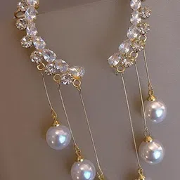 Zaphariq Gold-Plated Tasselled CZ Studded & Pearls Beaded Spherical Korean Ear Cuff image 2