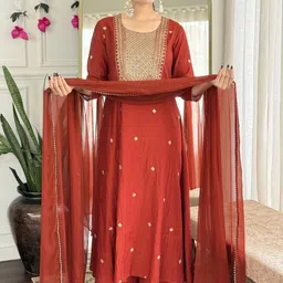 GoSriKi Floral Embroidered V-Neck Thread Work Straight Kurta With Trousers & Dupatta-picture-35