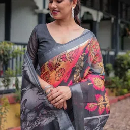 MAHARANI COUTURE Ethnic Motifs Printed Zari Pure Linen Banarasi Saree image 4