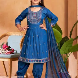 BAESD Girls Blue Thread Embroidery Cotton Blend Kurti Ethnic Wear Patiala Set-image-89