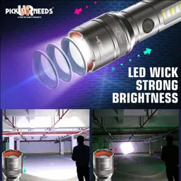 pick ur needs Rechargeable Metal Body Torch Zoomable Head 1200 mAh Battery 3 Color Mode Lights 5 hrs Torch Emergency Light image 3