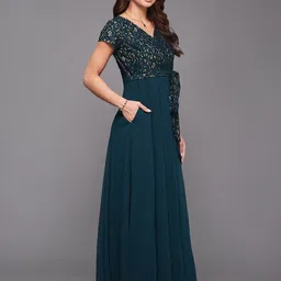 Miss Chase Women's V-Neck Short-Sleeve Self-Designed Lace Overlaid Georgette Maxi Dress image 5