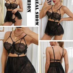 Xivir Women Baby Doll With Lace Lingerie Combo Set image 5