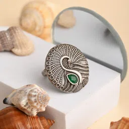 Anvik Silver-Plated American Diamond Studded Swan Finger Ring-image-46