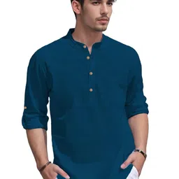BHUVIKOO Band Collar Roll-Up Sleeves Straight Short Kurta-image-59