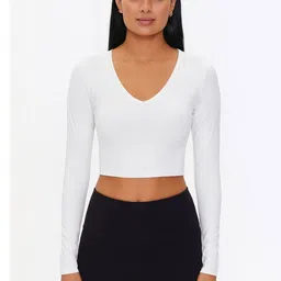 PUERY Women Solid V-Neck Long Sleeves Cotton Crop Fitted Top-picture-15