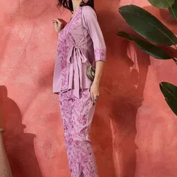 Sangria Floral Embroidery Overlapping Tie Up Style Tunic & Trousers Co-Ords image 2