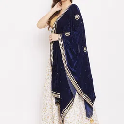 Clora Creation Navy Blue & Gold-Toned Embroidered Velvet Dupatta with Beads and Stones image 5