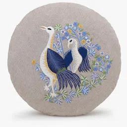 Mezposh Set Of 2 Beige & Blue Quirky Bird Embroidered Cotton Round Cushion Covers image 4