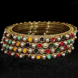 ZULKA Set of 4 Glass Golden Zircon Stones & Beads Work Bangles-picture-17