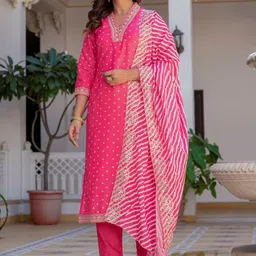 SRF JAIPUR Women Ethnic Motifs Printed Regular Thread Work Pure Cotton Kurta with Trousers & With Dupatta image 4