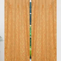 Kiara Creations Gold-Toned & Orange 2 Pieces Floral Velvet Room Darkening Door Curtains-image-13